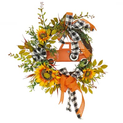 National Tree Company 26 in. Harvest Country Car and Sunflowers Wreath - 26 in