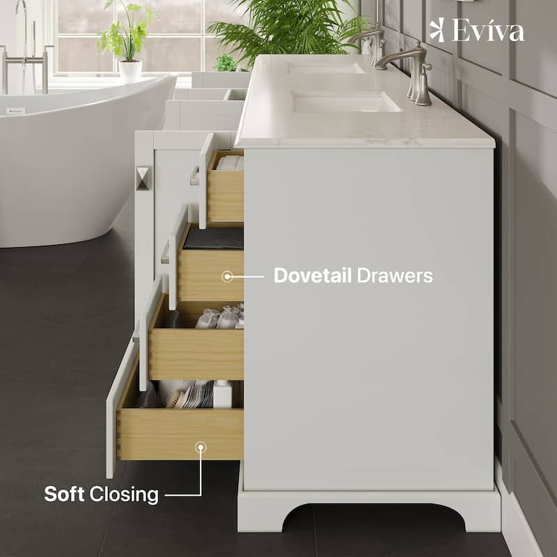 Eviva Storehouse 84"W x 22"D Bathroom Vanity with White Carrara Quartz Countertop and Undermount Porcelain Sink