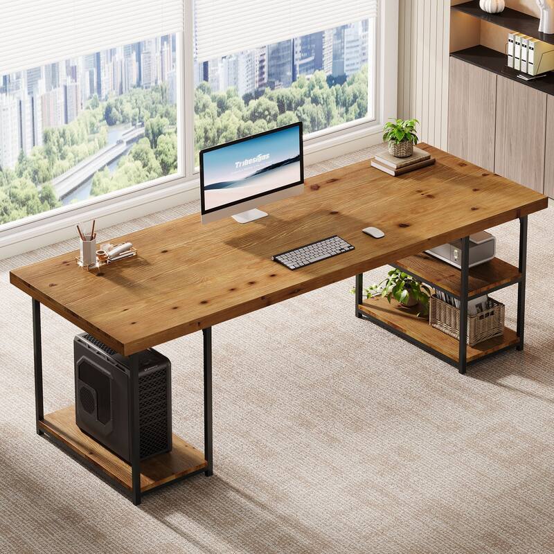 71 Inch Large Computer Desk with Shelves, Solid Wood Writing Desk for Home Office, Gaming
