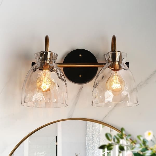 slide 2 of 14, Elisie Modern 2-light Bathroom Vanity Light Farmhouse Black Gold Sconce with Water Glass 2-light