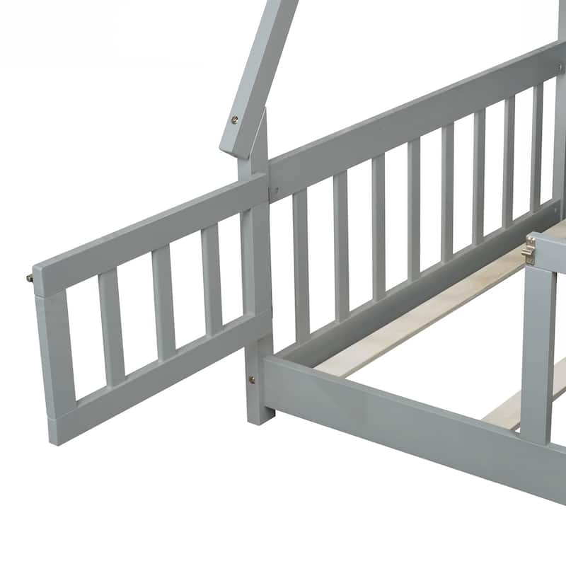 Twin Tent-shaped Floor Bed,Teepee Bed with Guardrails,Slats and Door