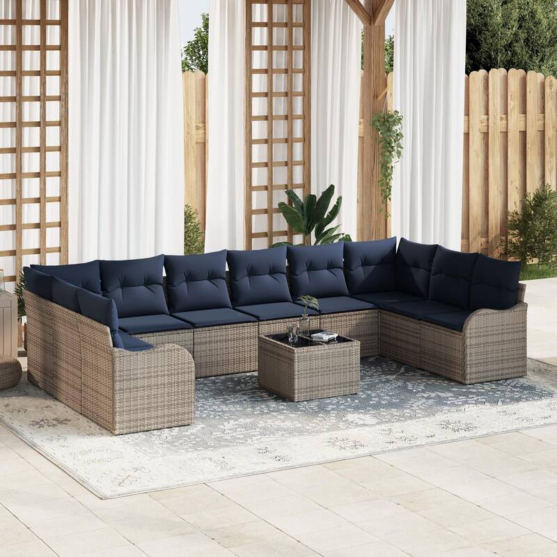 vidaXL 10/11 Garden Sofa Set with Cushions Black/Brown/Grey Poly Rattan - 135.4 x 69.9 x 27.2 - Grey with table