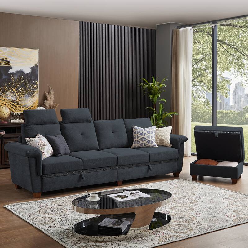 109" Modern 4 Seaters Towelling Sectional Sofa with Hidden Coffee Table Adjustable Headrest and Large Storage Space