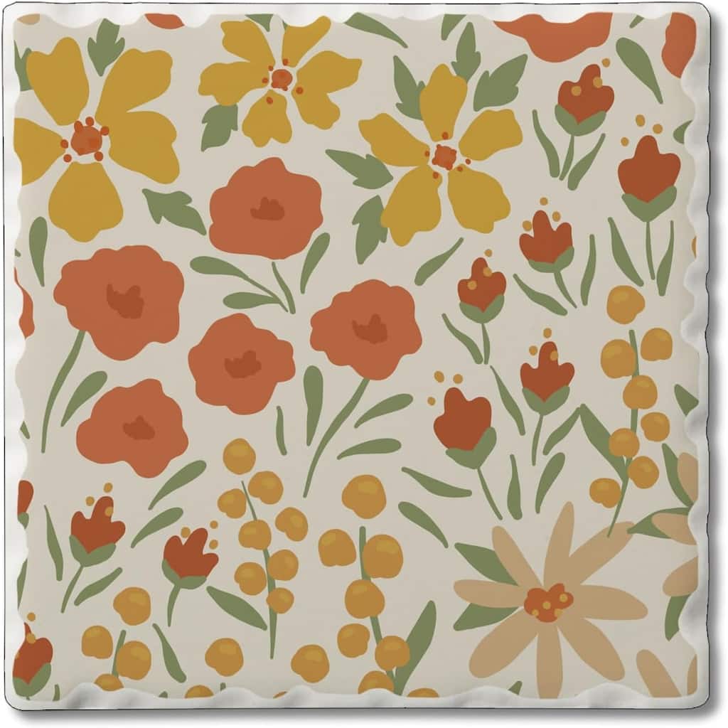 Ditzy Floral 4 Pack Single Absorbent Stone Coaster with Protective Cork Backing Made in The USA 4" Square, Easily Wipes Clean
