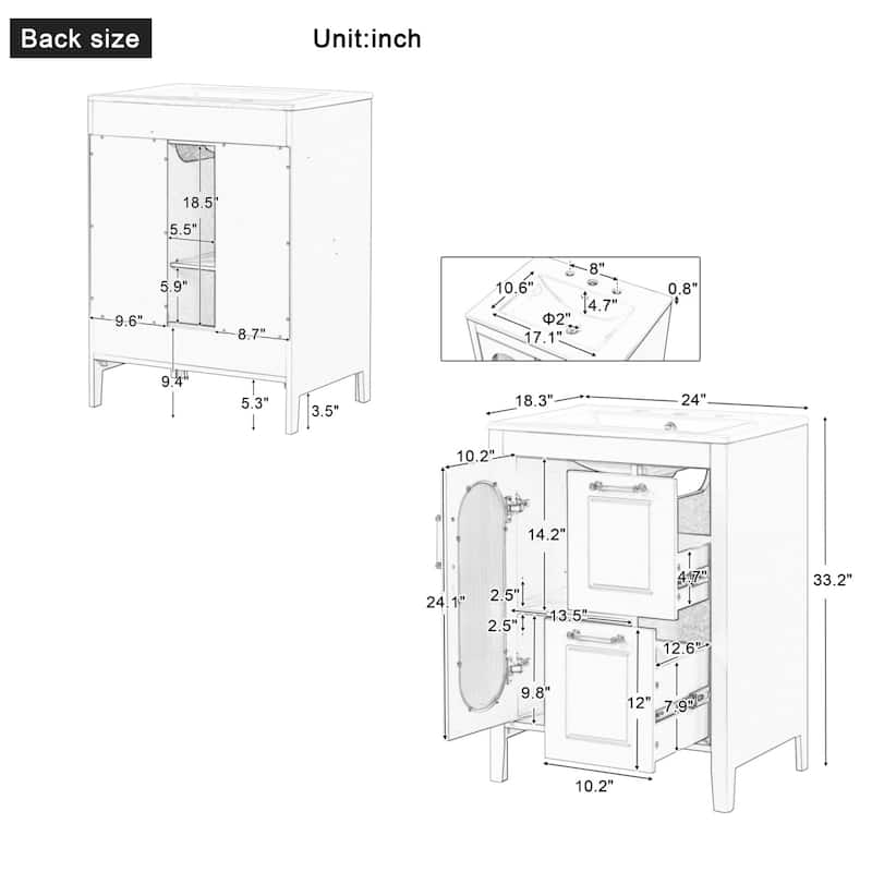 24" Bathroom Wood Vanity Cabinet with Sink, 2 Drawers and Door