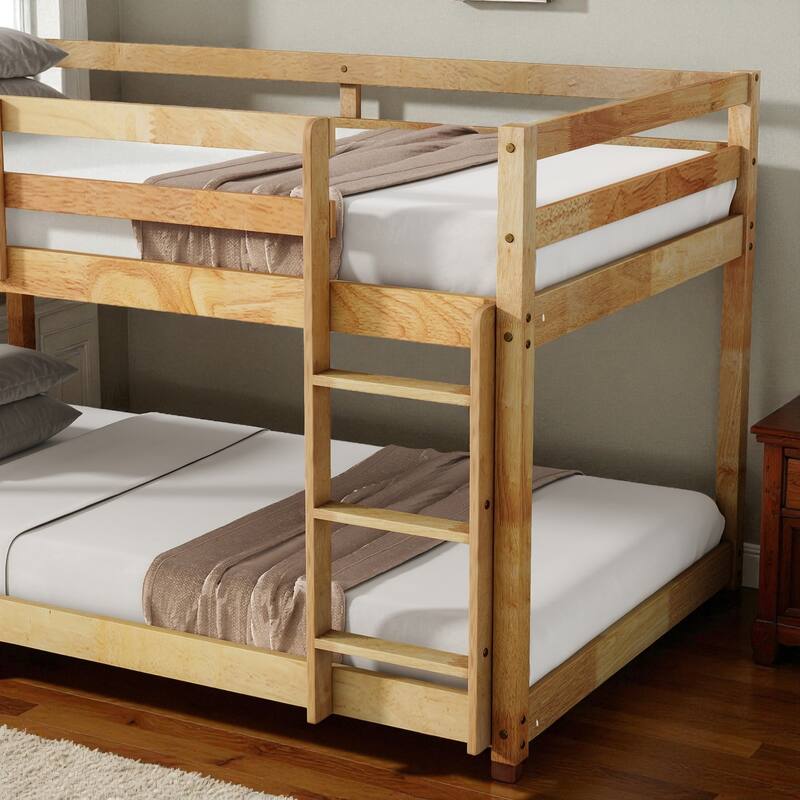 Solid Rubber Wood Twin Over Twin Floor Bunk Bed with Ladder, Low Height Design and Strengthened Slat Support