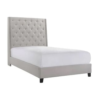 Maze King Size Bed, Button Tufted, Nailhead, Beige Faux Leather ...