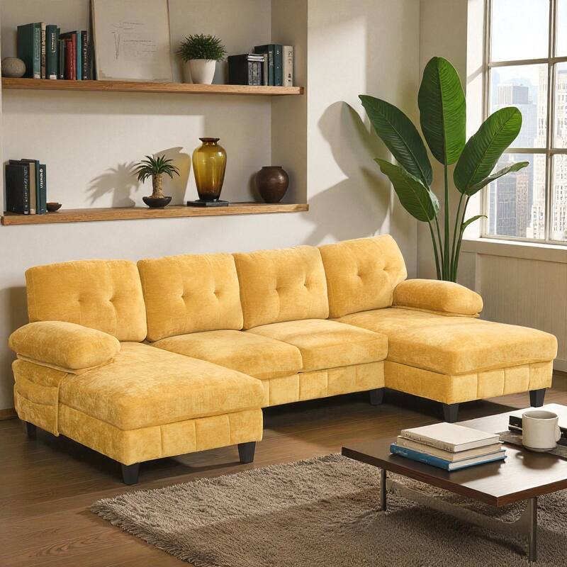 103.5" U-Shaped Sectional Sofa with Dual Chaise Lounges, Chenille Upholstery, Storage Pockets and Armrest Pillows