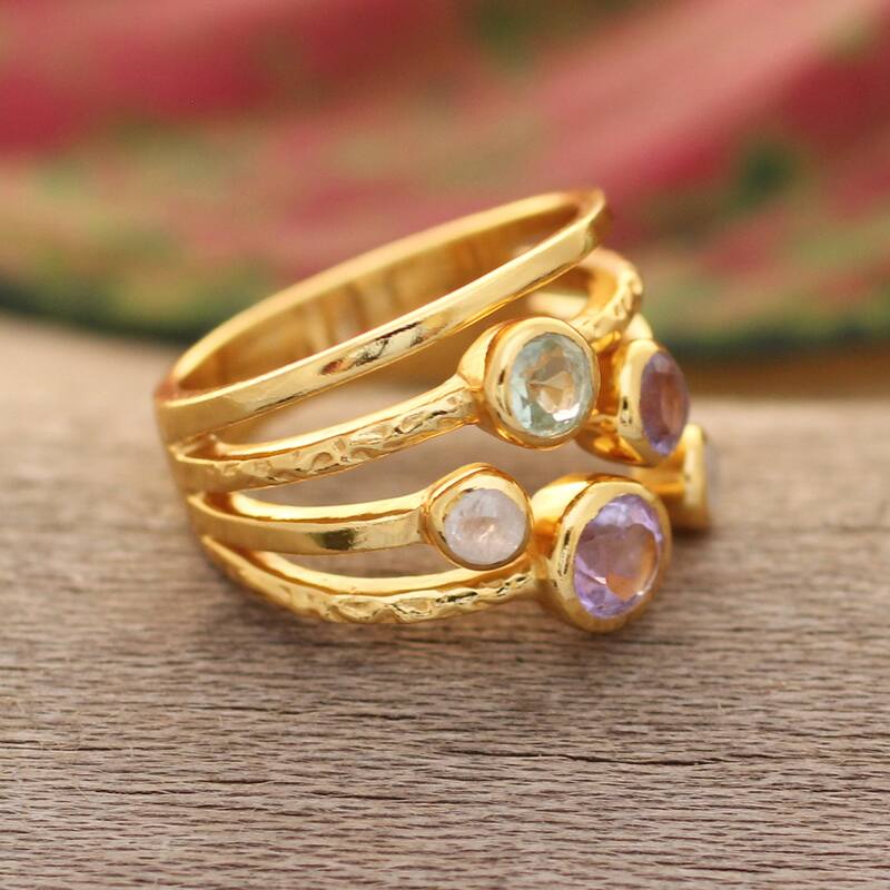 Novica Handmade Colorful Fantasy Gold-Plated Multi-Stone Ring