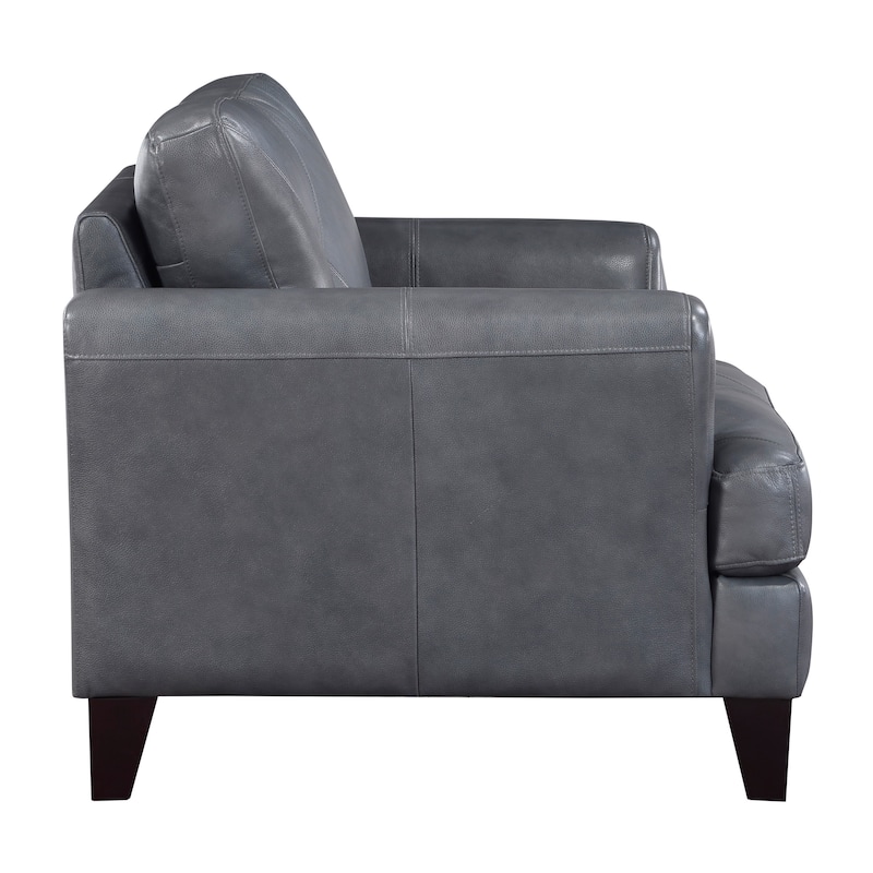 Lisa 38 Inch Accent Chair, Gray Top Grain and Split Leather, Solid Wood