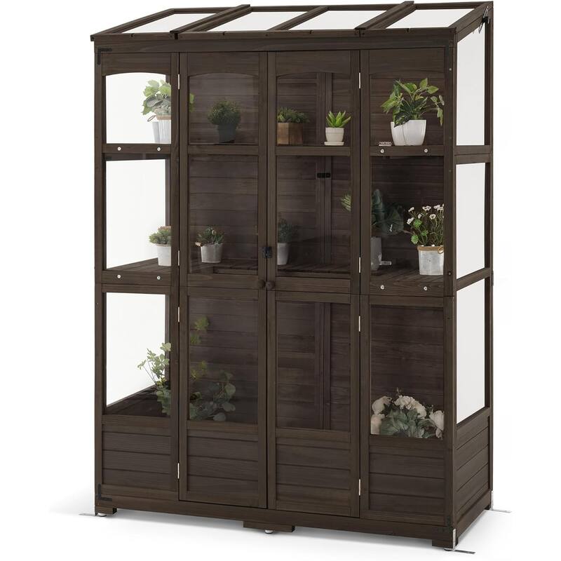 MCombo Walk-in Greenhouse with Openable Roof and Lockable Door, Solid Wood 0899 - Brown