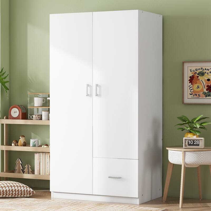 Wooden Floor Wardrobe with Double Doors, Modern Armoire with 5 Fixed Shelves, Storage Drawer Built-in Hanging Rod for Bedroom