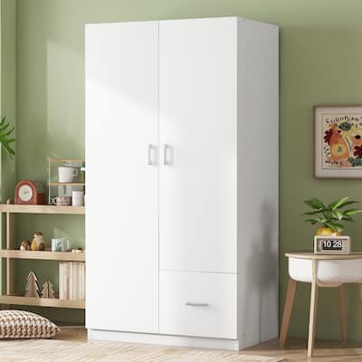 Wooden Wardrobe with Double Doors, Armoire with Hanging Rod, 5 Fixed Shelves, and Storage Drawer, White