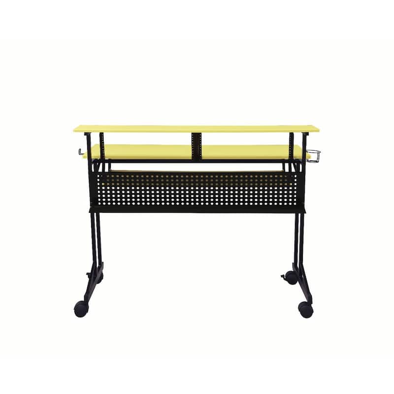 Wood Computer Desk with Black Metal Frame, Shelves and Casters