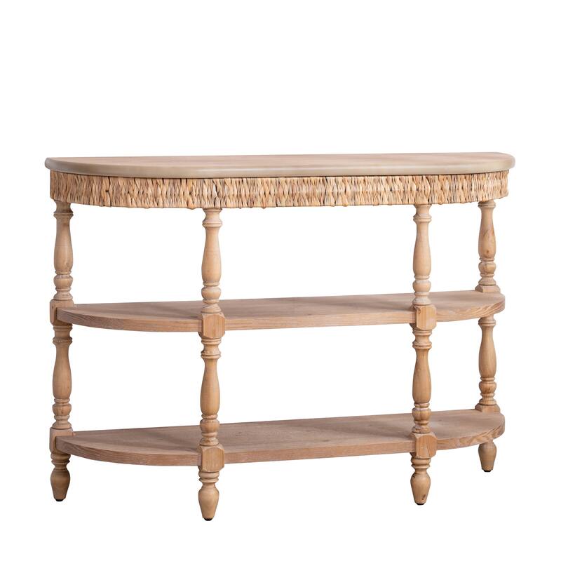 49" Wood Console Table with Hand-Woven Trim, 3-Tier Storage Shelves, with Carved Legs, Rustic Coastal Farmhouse Accent Table