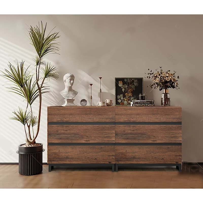 Dresser for Bedroom, Closet Organizers and Storage, Chest of Drawers with Metal Base, Modern Wood Dresser for Living Room - Brown - 6-drawer