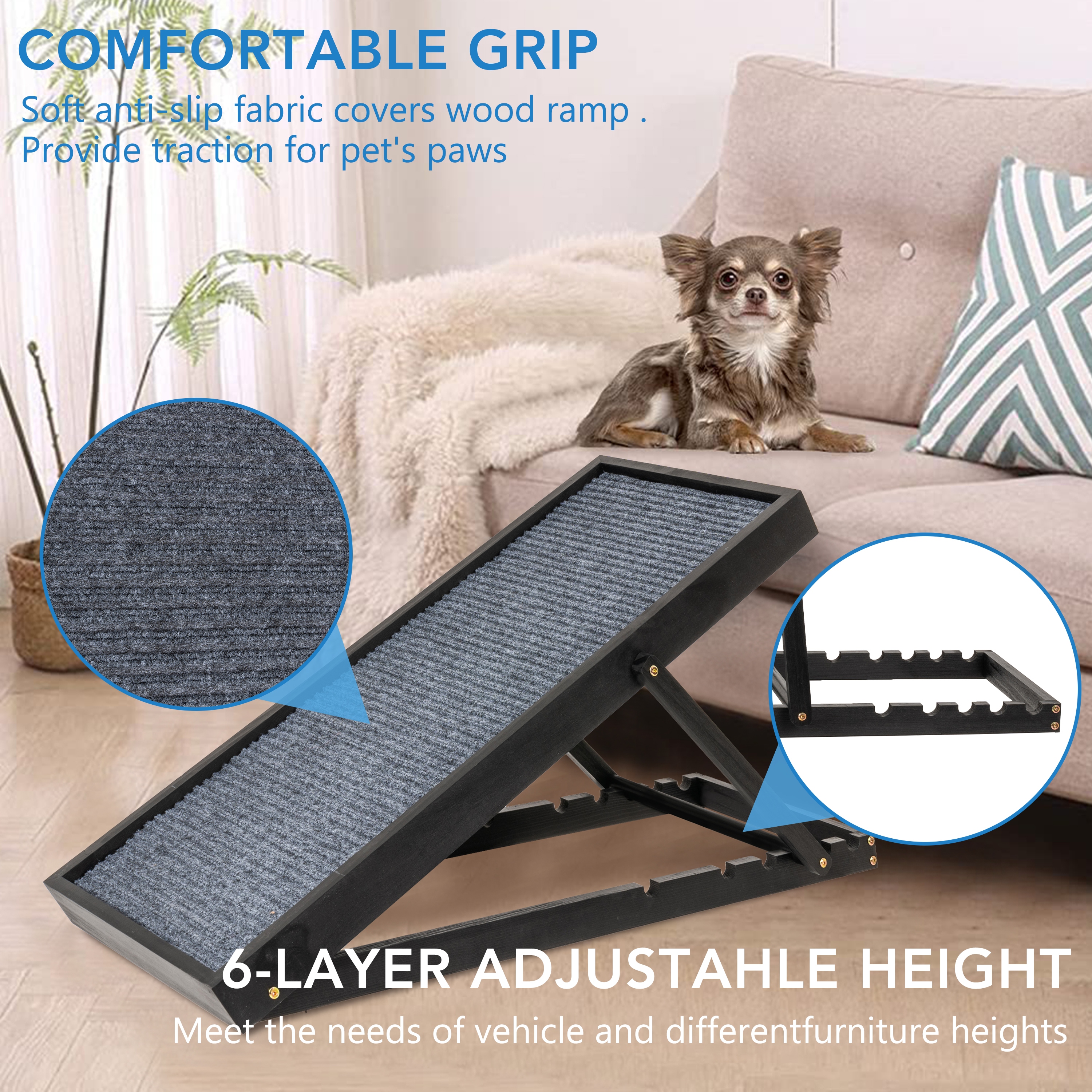 Wooden Adjustable Pet Ramp 41.33 Long Folding Portable Dog Ramp for All Dogs Brown