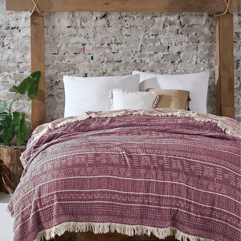 OrganicClub Super Soft Cotton 3-ply Reversible Throw Bedspread - Queen - Burgundy 