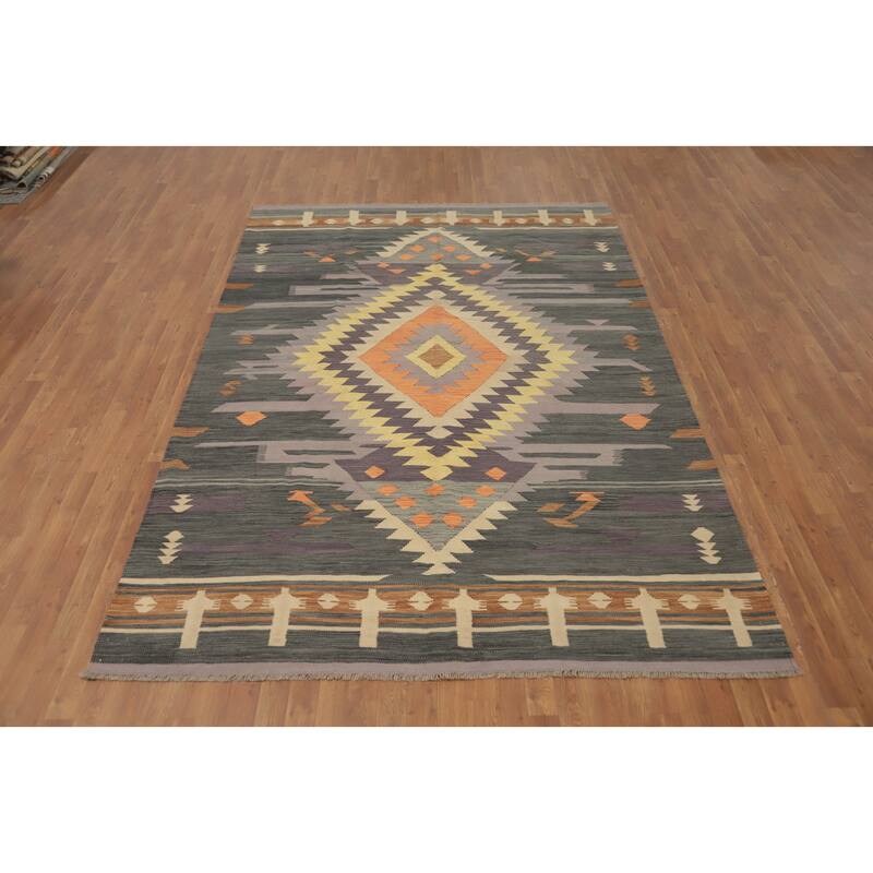 Hand Woven Oriental 100% Wool Carpet Southwestern Tribal Greys & Charcoal Kilim Area Rug - 9' 10'' X 6' 10''