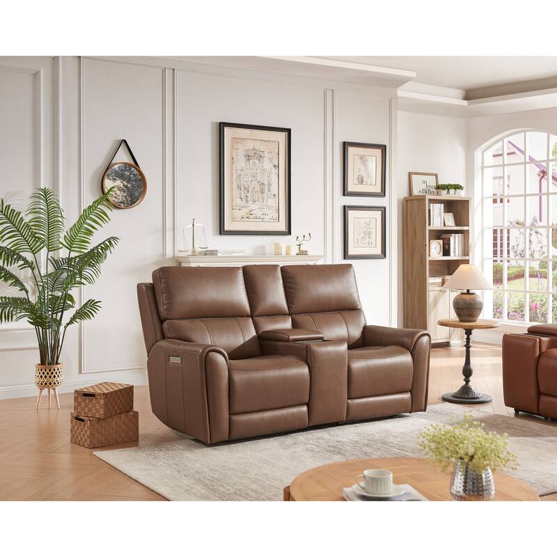 76'' W Top Grain Leather Triple Power Loveseats with Wireless charge & Zero Gravity - Light Brown