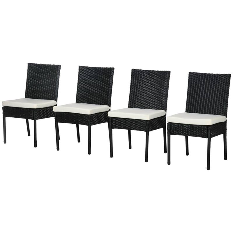 Black Cream Rattan Outdoor Dining Chairs Set of 4 with Cushions - 17.3" W x 22.8" D x 34.6" H - Black-Cream White