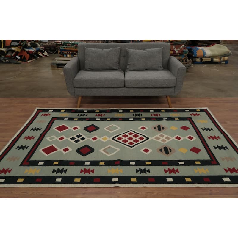 Hand Woven Oriental 100% Wool Carpet Southwestern Tribal Green Kilim Area Rug - 8' 1'' X 5' 2''