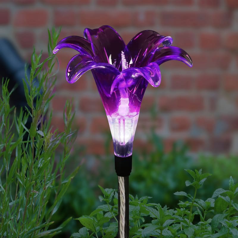 Exhart Solar Plastic Lily Garden Stake in Purple, 4 by 35 Inches