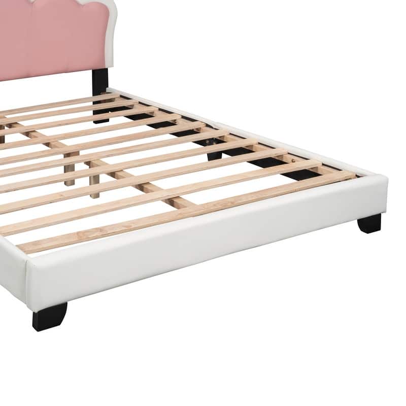 Twin/Full Size Upholstered Princess Bed with Crown Headboard, Cute Platform Bed Frame with Headboard and Footboard for Kids