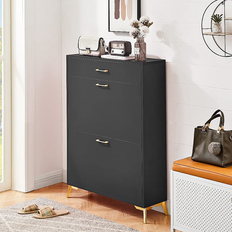 Entryway Wood Shoe Storage Cabinet-2 Tire Drawers-Up to 16 Pairs Shoes