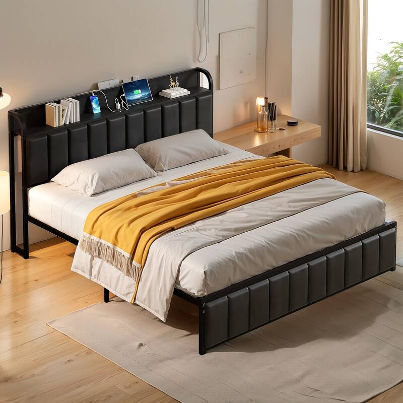 VECELO Upholstered Platform Bed Frame with Storage Headboard and Charging Station, Twin Full Queen Size