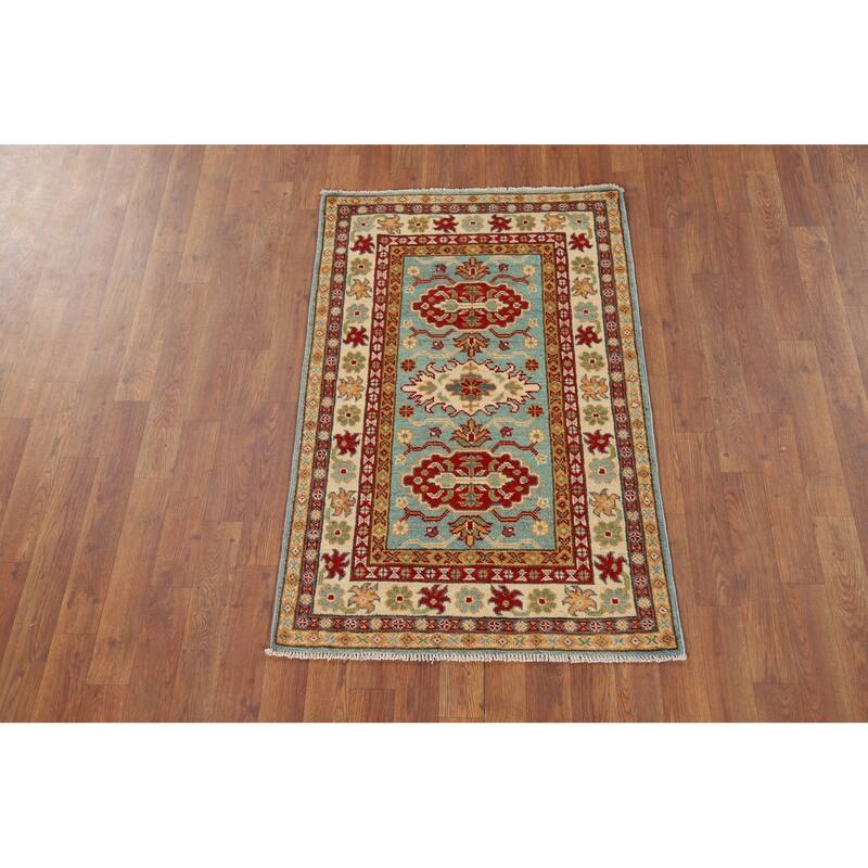 Turquoise Kazak Oriental Accent Rug Hand-Knotted Wool Carpet - 2'7" x 4'1"