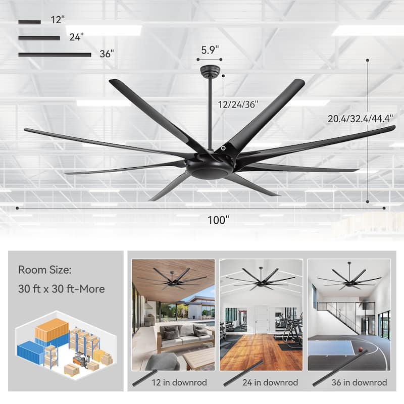 65/72/84/100-In Black/White Industrial Ceiling Fan with Remote without Light(8-Blade)