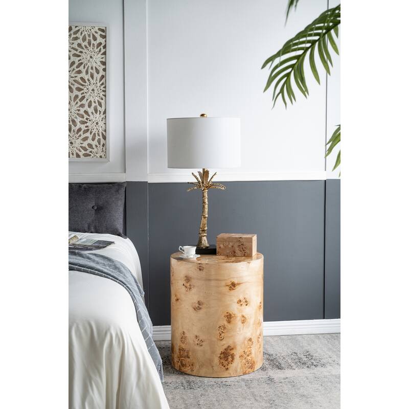 Burl Wood Cylinder Side Table Natural Grain End Table for Living Room