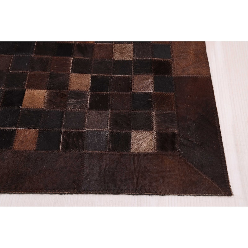 ECARPETGALLERY Handmade Cowhide Patchwork Dark Brown Leather Rug - 8'1 x 10'0