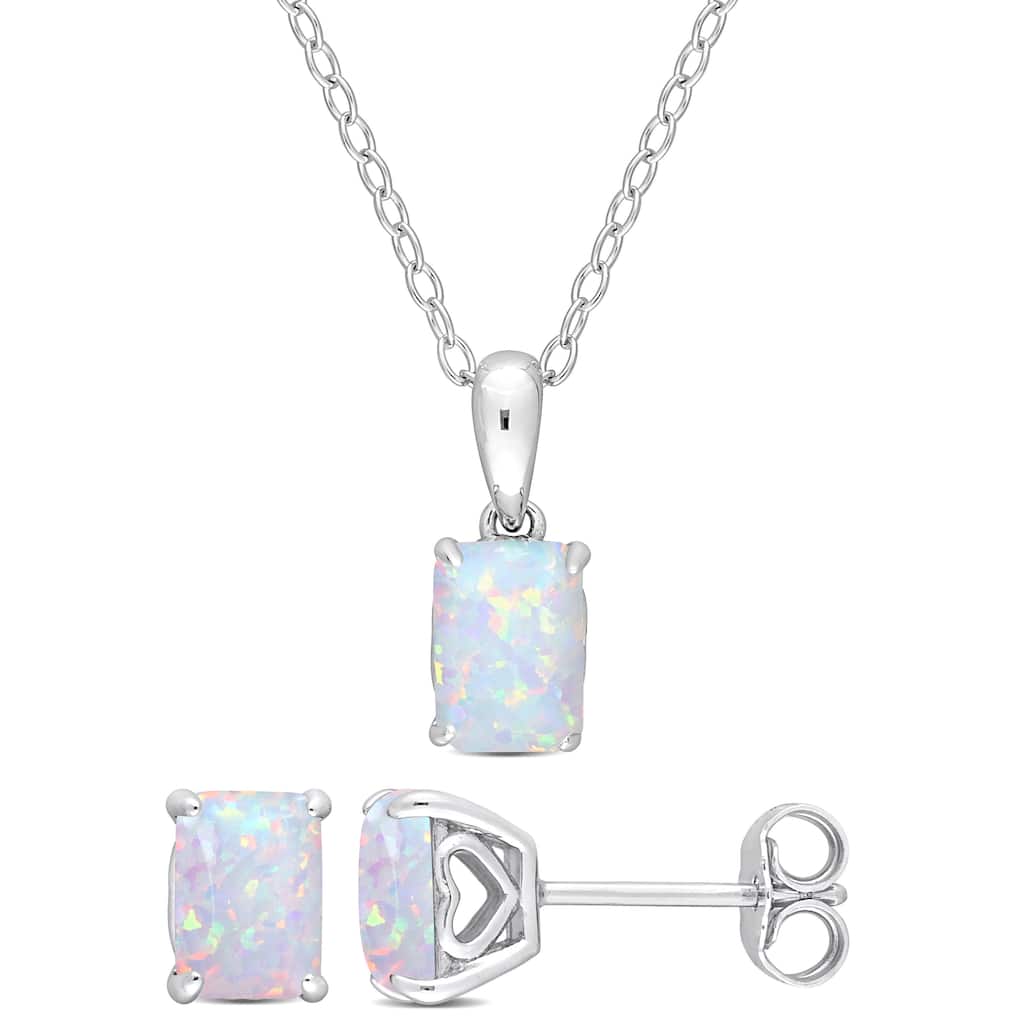 Miadora 2 1/10ct TGW Created Opal 2-Piece Set of Necklace and Earrings Sterling Silver