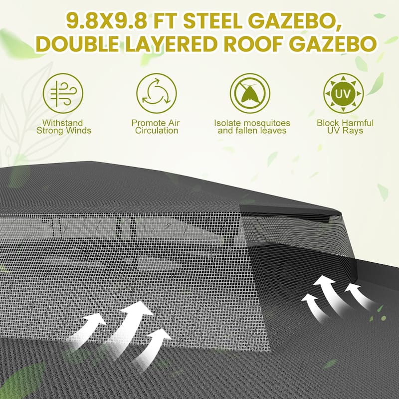 9'X9' Outdoor Steel Gazebo, Double Roof Patio Canopy with Netting, Curtains & Hanging Hooks for Backyard Deck Garden