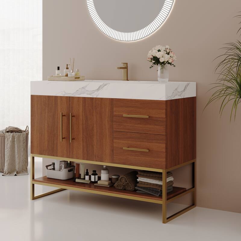 36" Modern Bathroom Vanity with Seamless Ceramic Sink & Gold Accent Free Standing Cabinet