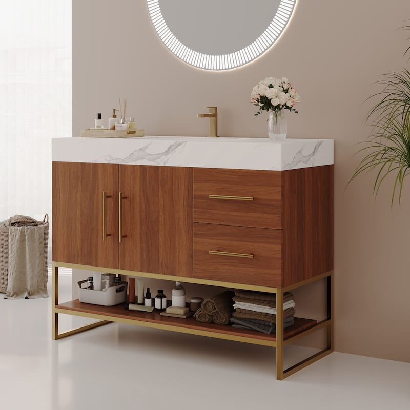 GDFStudio - Luxury 36" Freestanding Sintered Stone Bathroom Vanity with Seamless Ceramic Sink, Open Storage & Soft-Close Drawers