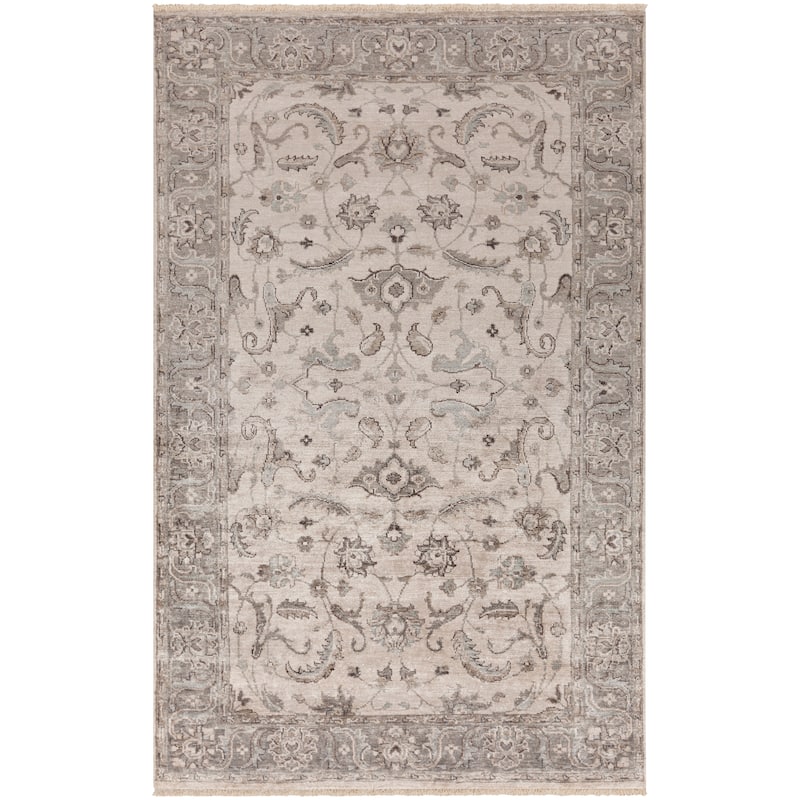 Hand-Knotted Brading Border Viscose Area Rug - 5' x 8' - 5' x 8' - Grey