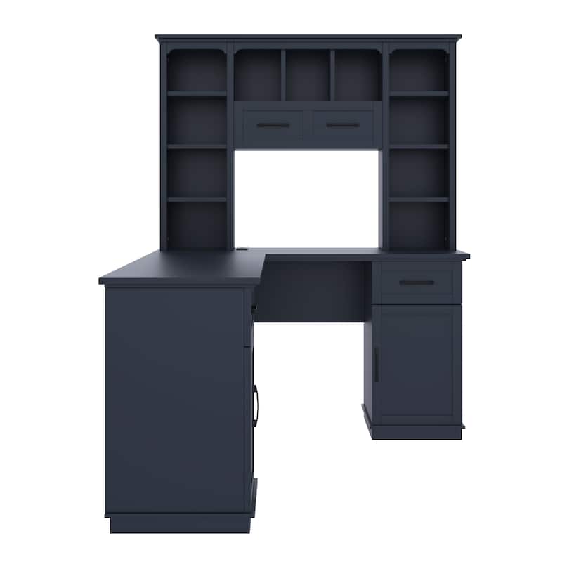 Computer Desk with 2 Cabinets, 2 Drawers & 11 Shelves, L-Shaped Corner Home Office Desk, Gaming Computer Desk with Power Outlet