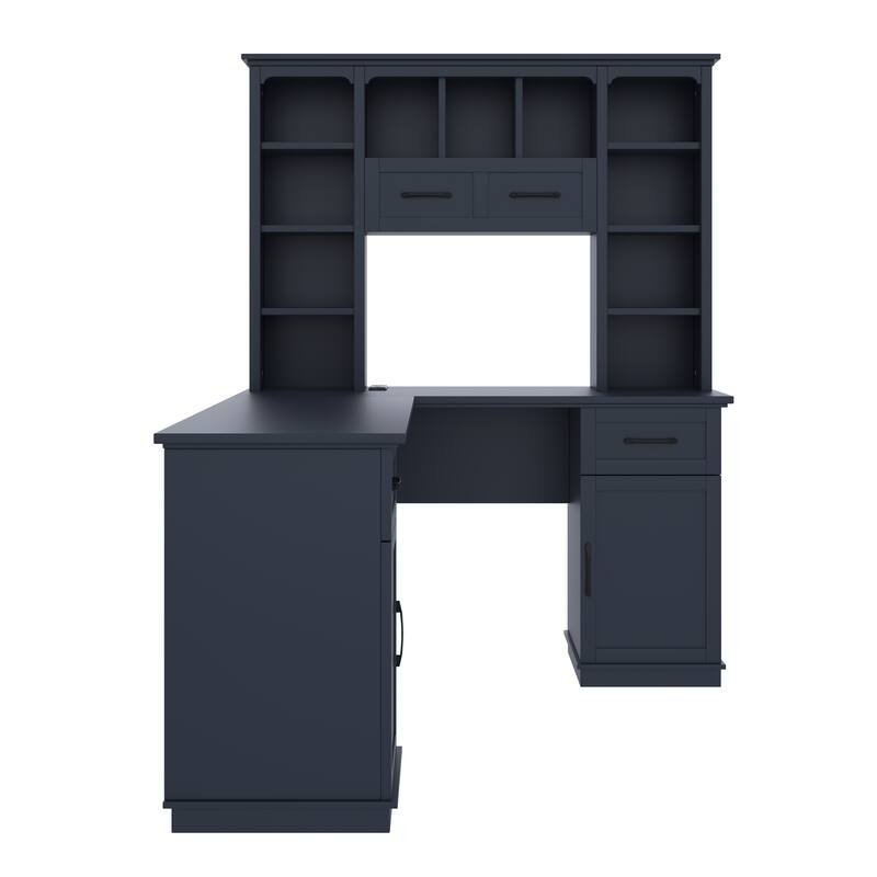 Roomfitters L-Shaped Computer Desk with Hutch, 2 Cabinets, 2 Drawers and 11 Open Shelves, with Power Outlet
