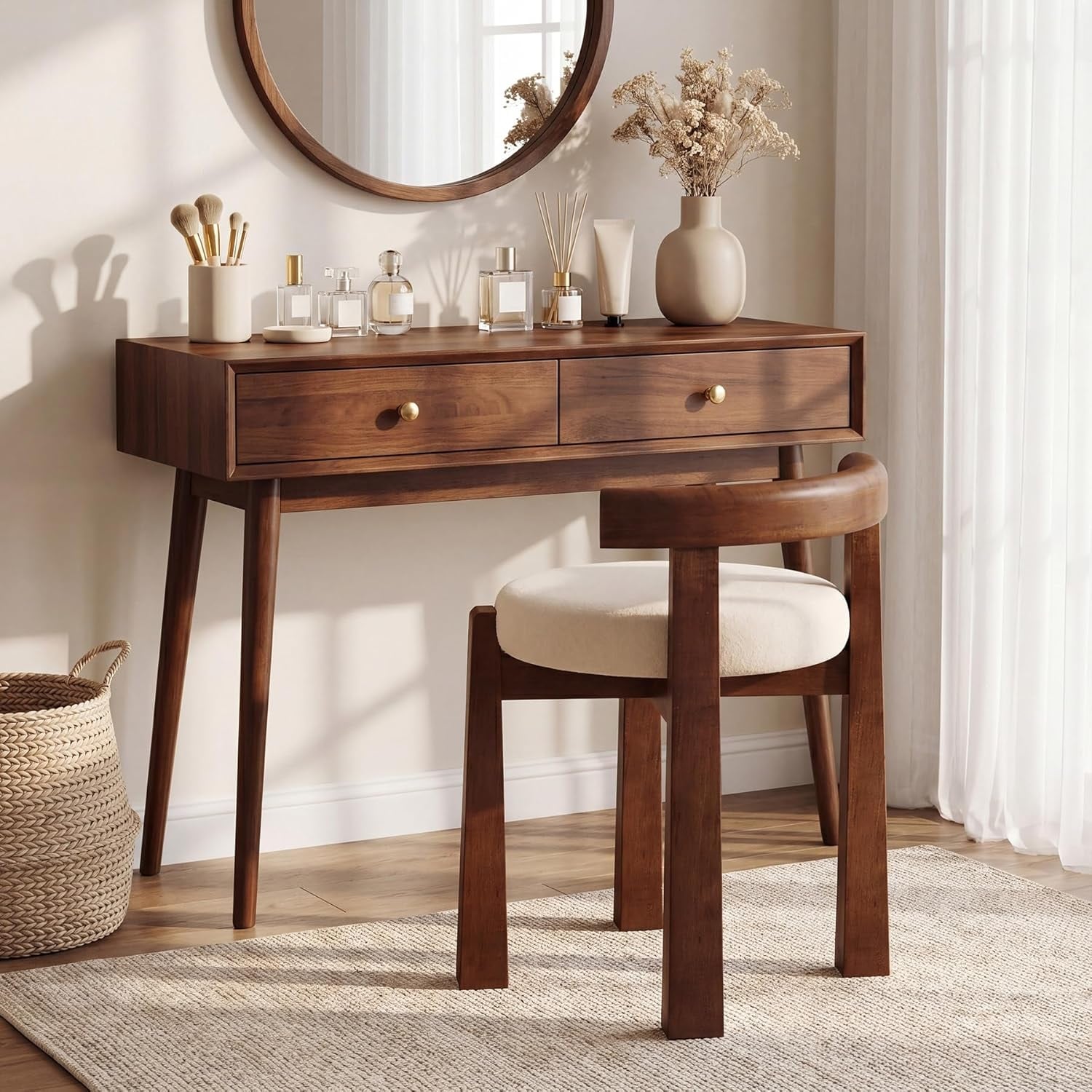 Round Vanity Ottoman Seat, Upholstered Vanity Stool with Faux Wool Cushion, Makeup Chair with Solid Wood Frame