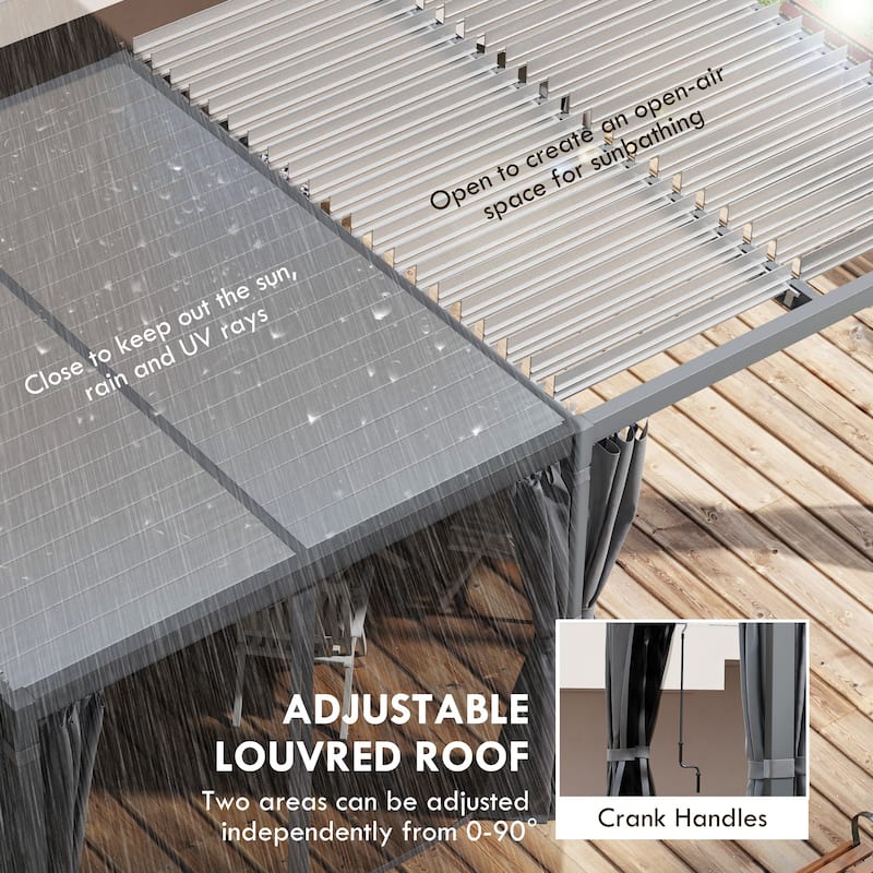 Outsunny 12' x 19' Louvered Pergola Hardtop Gazebo with Adjustable Aluminum Roof and Frame, Outdoor Pergola with Curtains