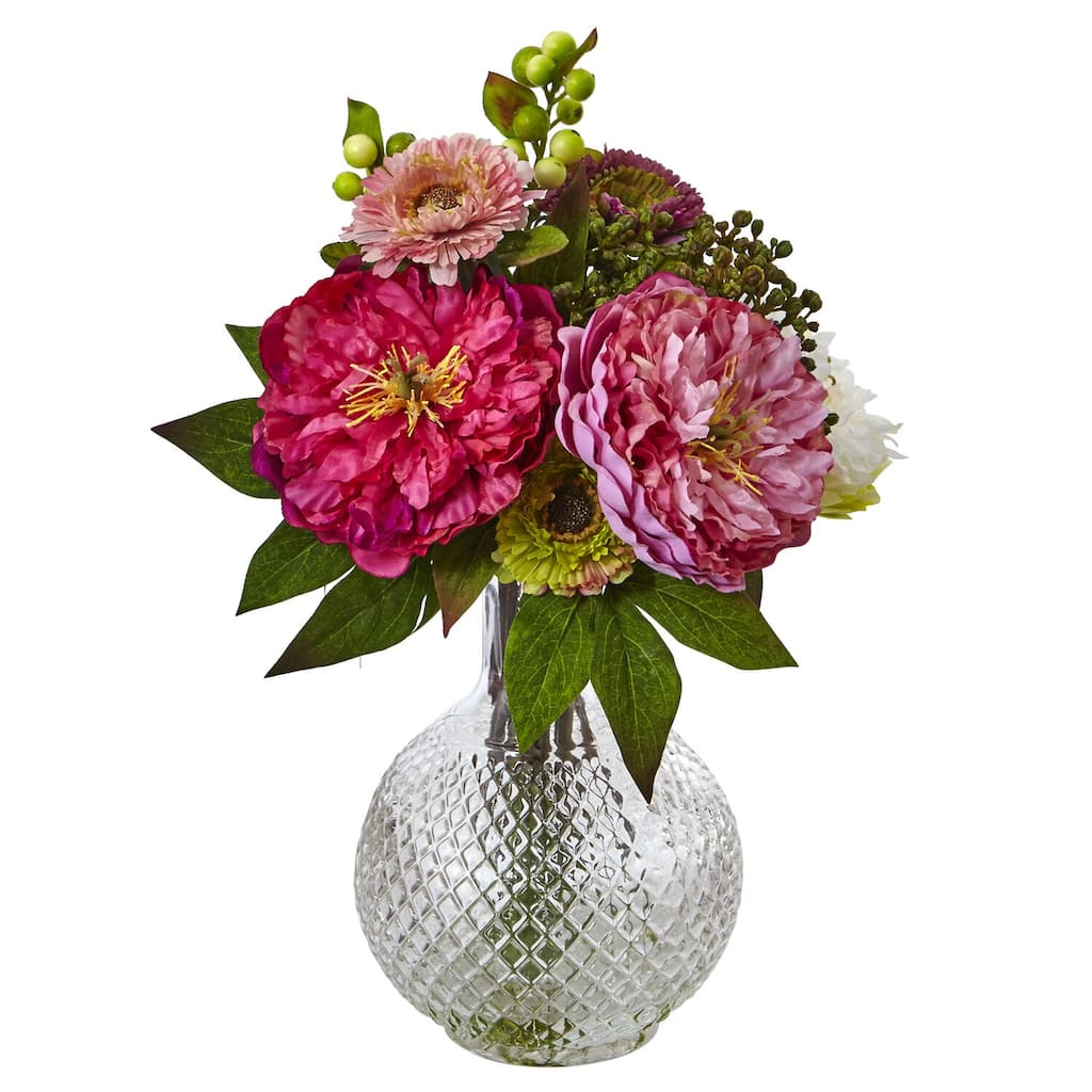 Artificial Peonies and Mums Vase Arrangement - Home Decor Flowers for Kitchen Table Centerpiece - Pink - 8