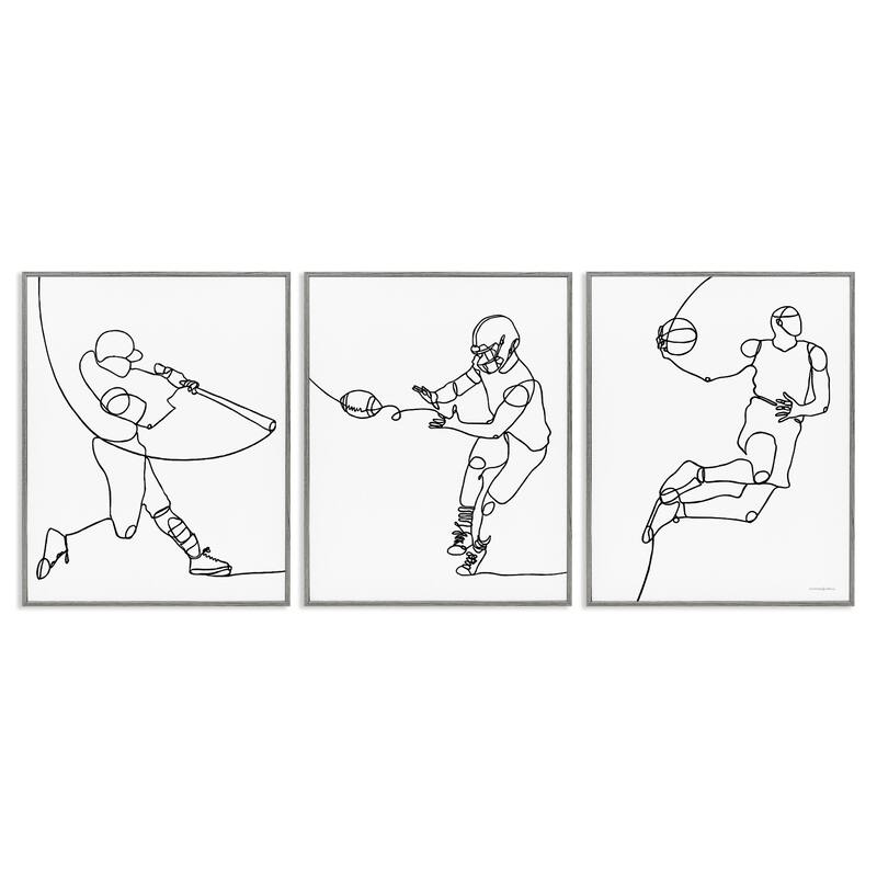 Stupell Simple Line Doodle People Playing Sports Baseball Football Basketball Framed 3 Piece Wall Art - Black - 11 x 14 - Grey