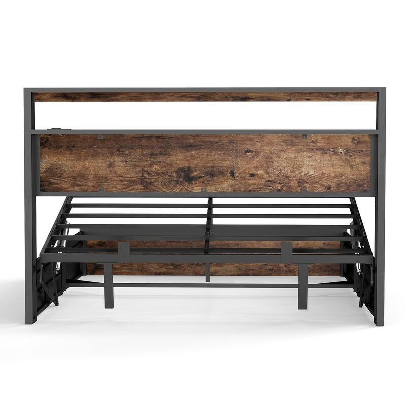 Lift Up Storage Bed Frame/Metal Platform Bed Frame with Charging Station&LED Lights/Noise-Free/No Box Spring Needed/Rustic Brown