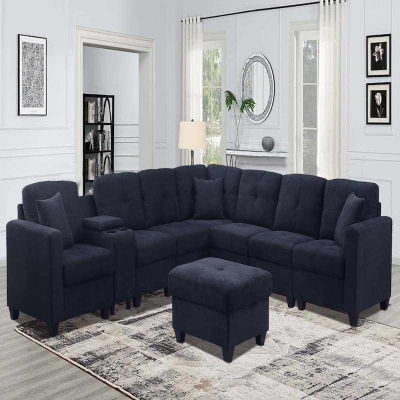 Dark Blue Sectional Sofa, Solid Wood Frame, Microfiber, Cup Holders