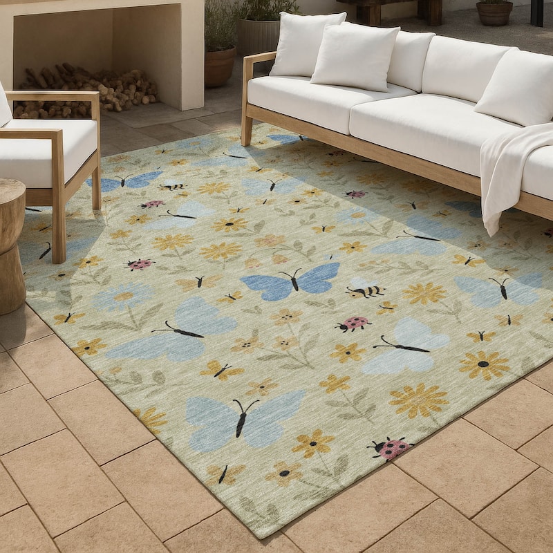 Machine Washable Indoor/ Outdoor Whimsy Butterfly Chantille Rug - Celery - 5' x 7'6"