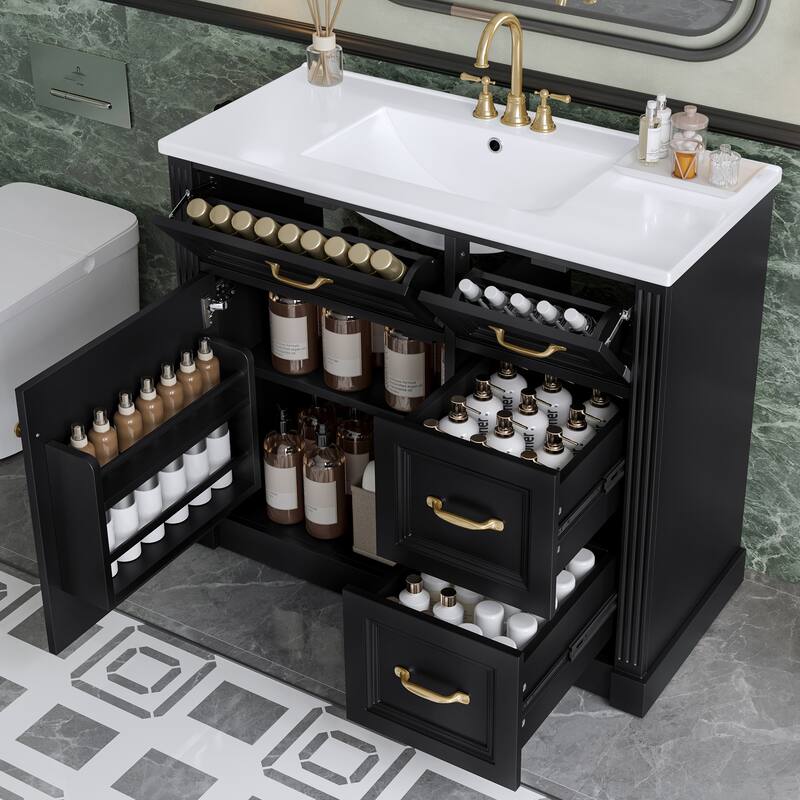 36 Inch Bathroom Vanity with Sink, Cabinet with 4 Drawers, Soft-Close Door & Adjustable Shelf, Ceramic Basin - Black