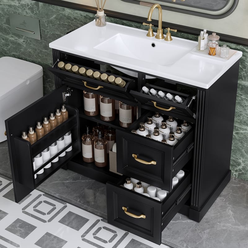 36 Inch Wall-Mounted Bathroom Vanity with Sink, 4 Soft-Close Drawers & Adjustable Shelf - Black